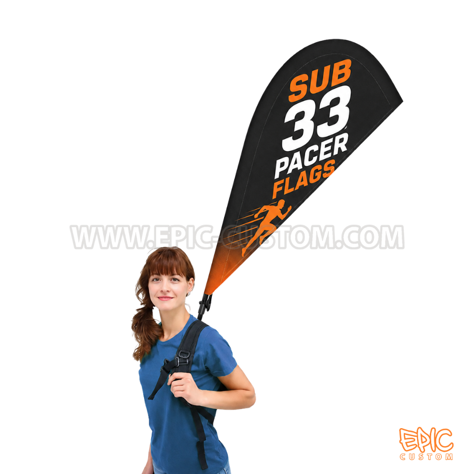 Teardrop marathon pacer flag with custom pace time and event branding.