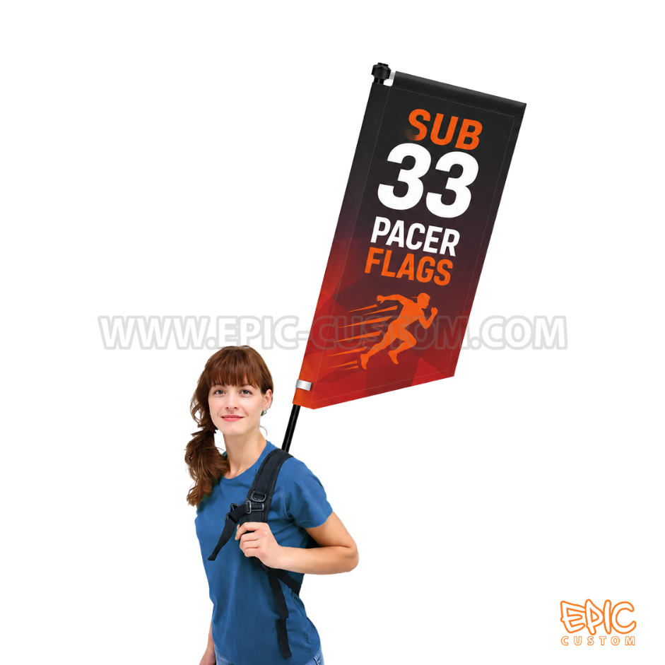 Banner style pacer flag ideal for marathons, half marathons and charity runs.
