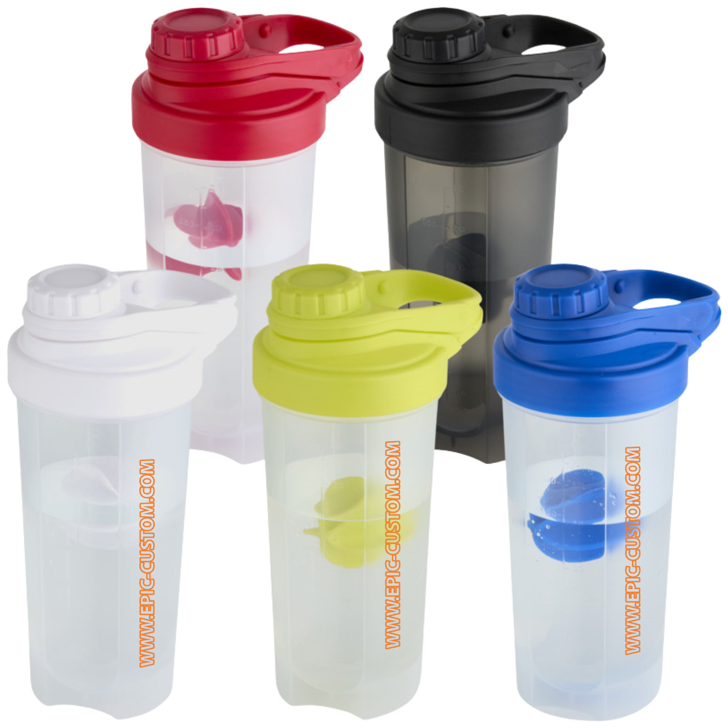 Epic custom printed protein shaker bottles range showing multiple colour options