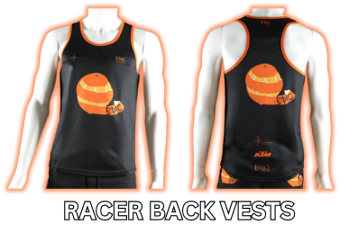 Premium custom printed racer back running vests with lightweight performance fabric for running clubs and teams.