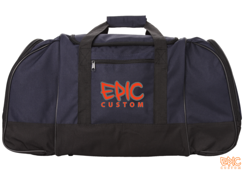 Custom branded 55 litre navy and black duffel bag with Epic logo print