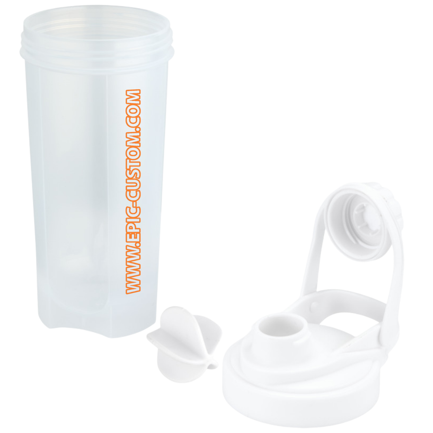 Close-up of epic custom printed protein shaker bottle in white