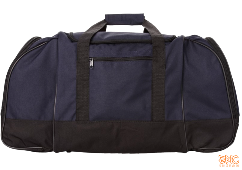 Custom printed 55 litre navy and black sports kit bag side view