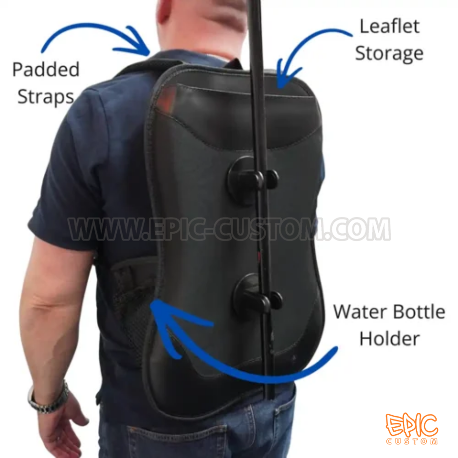 Backpack harness featuring padded straps, water bottle holder and storage compartment.