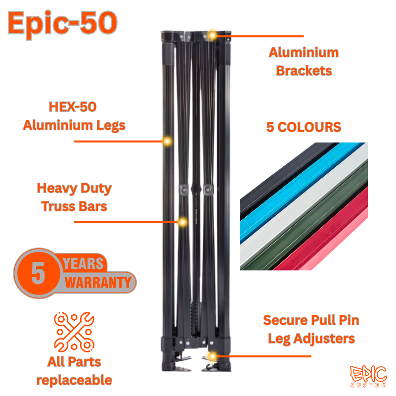 Epic 50 heavy duty aluminium gazebo frame with hex legs truss bars and 5 year warranty