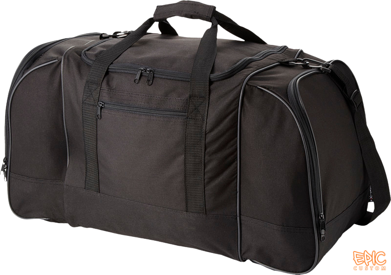 Custom branded 55 litre black sports kit duffel bag angled view