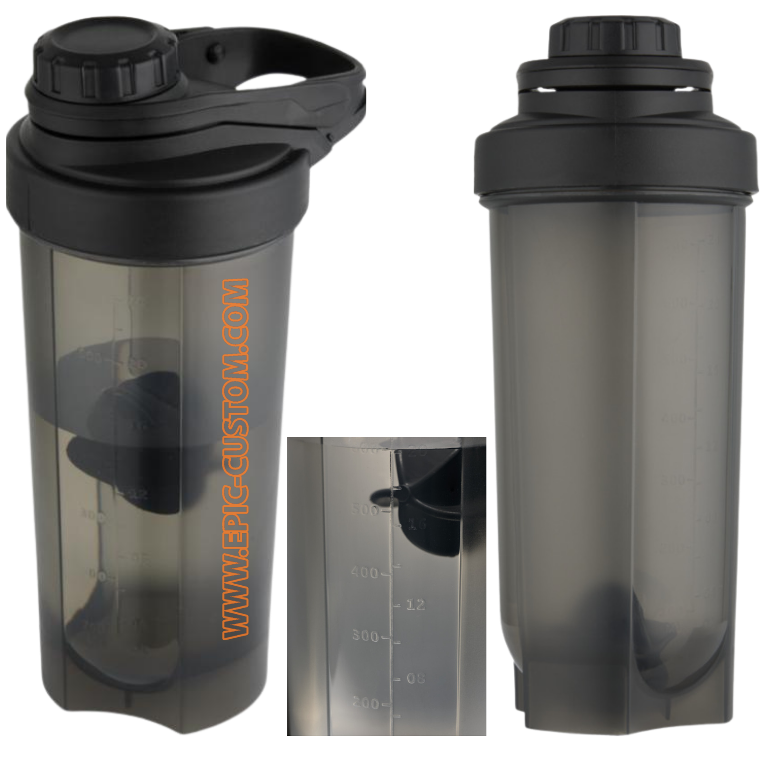 Epic custom printed protein shaker bottle in translucent black
