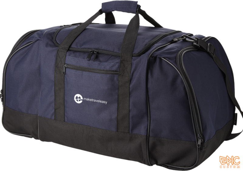 Custom branded 55 litre navy and black team kit bag branding example