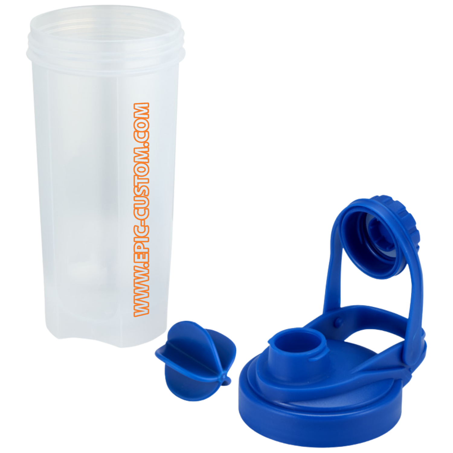 Close-up of epic custom printed protein shaker bottle in blue