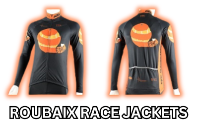 Premium custom printed Roubaix race jackets with thermal performance fabric for cold weather cycling teams.