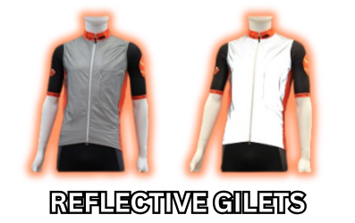 Premium custom printed reflective cycling gilets with high visibility detailing and performance fabric.