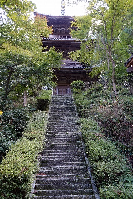 10　西山興隆寺　三重の塔　何が素晴らしい？　それは、趣のある古い石の、長い階段の奥に塔があることです