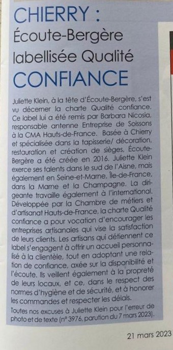 Article de Picardie Magazine Ecoute Bergère labellisée Qualité Confiance mars 2023