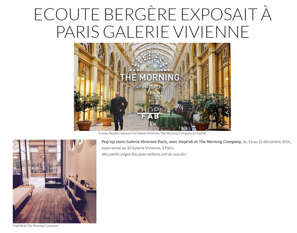 2016 La galerie Vivienne à Paris où Ecoute Bergère expose ses créations de fauteuils et ses modèles enfants rencontrent un certain succès