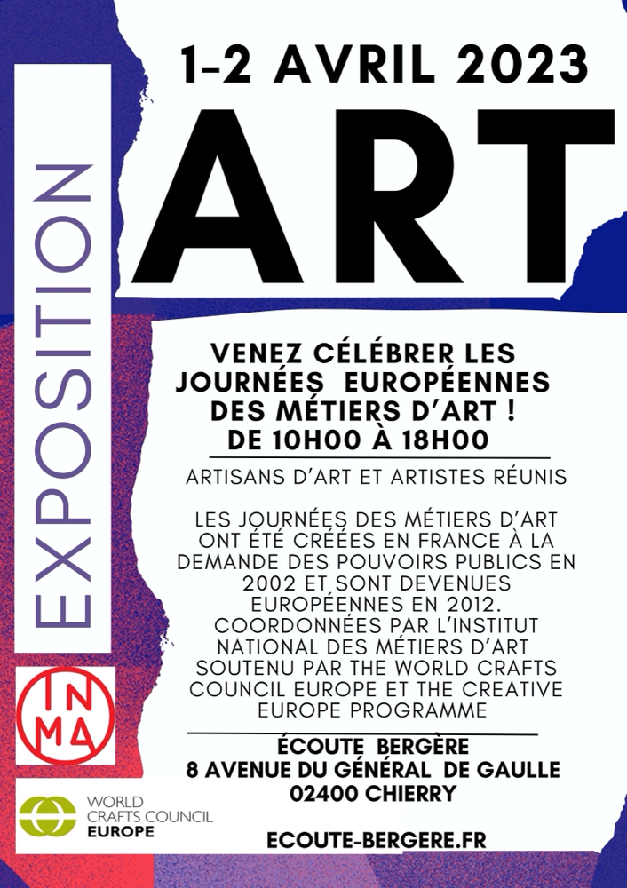 Affiche Jema 2023 à l'atelier Ecoute Bergère près de Château-Thierry (Aisne), avec le soutien de World Crafts Council Europe