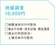 地盤調査 10,000円　□地盤液状化の可能性 □過去の水路・浸水記録、標高調査 □過去の利用状況・土壌汚染の可能性の画像