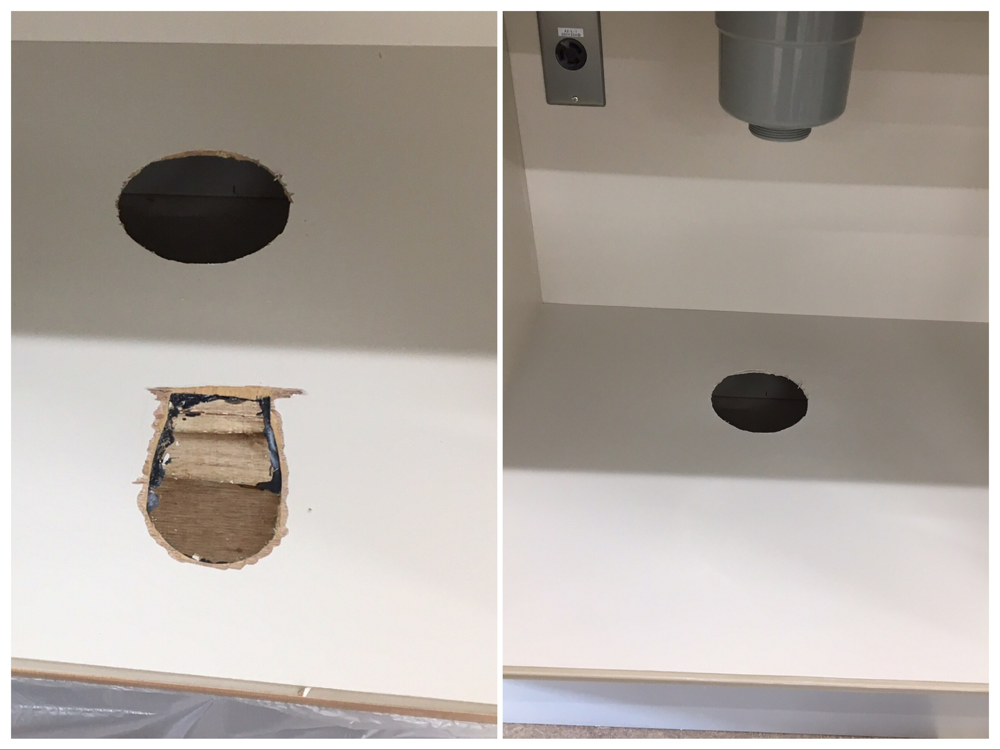 キッチン収納底板配管穴移動によるダメ穴補修