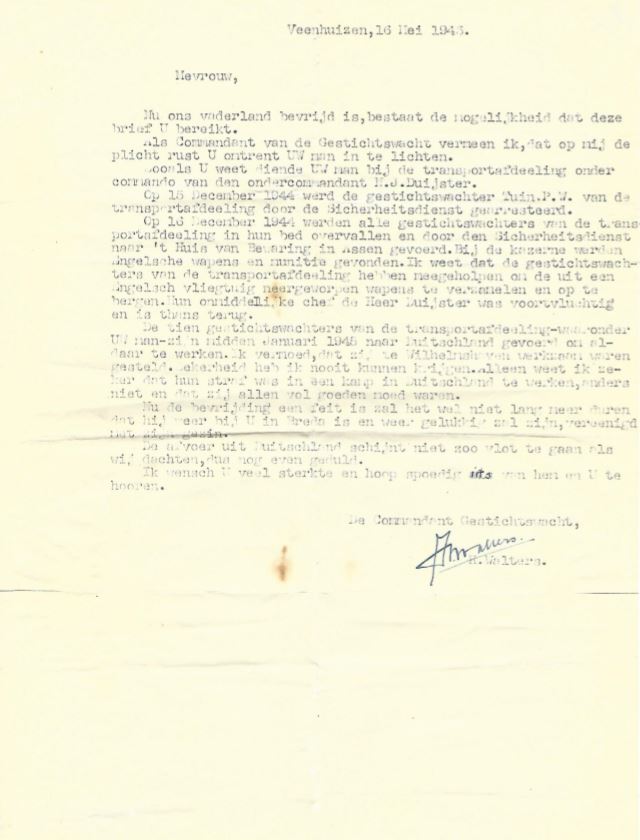 16 mei 1945 bericht vanuit Veenhuizen