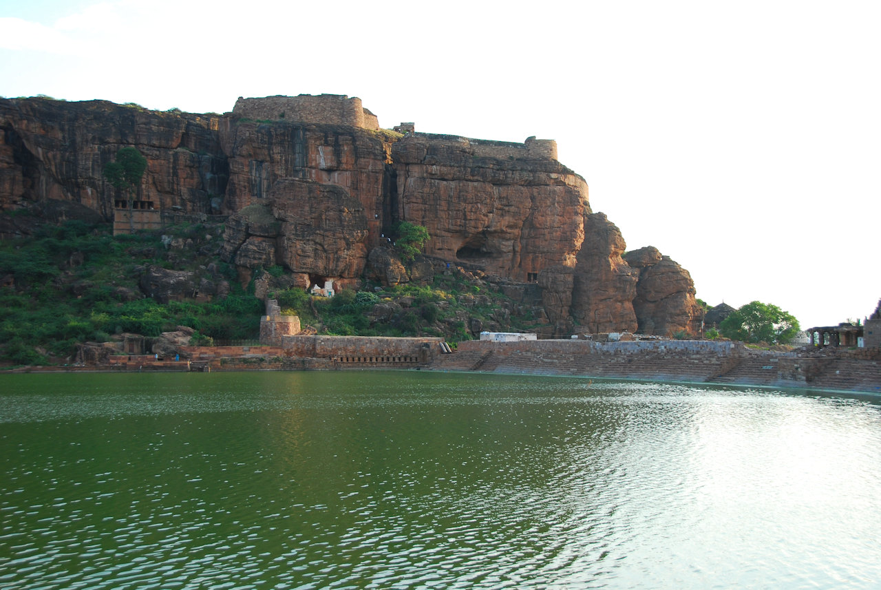 Badami, Karnataka 12.11.2010: Caves located above Agastyatirtha Tank.
