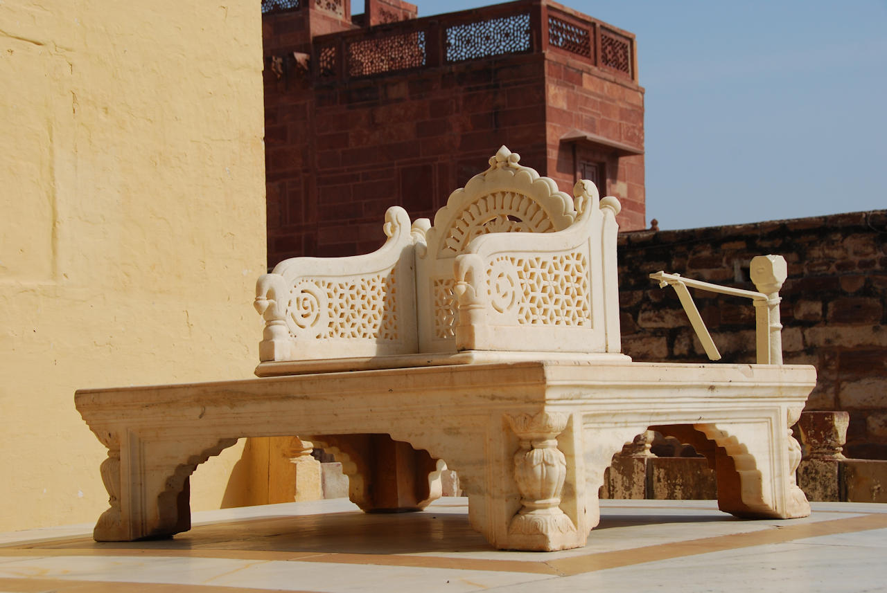 Jodhpur 13.11.2014: Shringar Chowk, seat made of marble used for the coronation of the Maharaja.