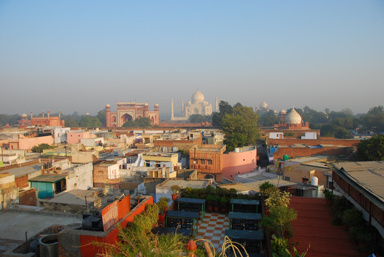 Agra 26.11.2014: View of Taj Mahal in the early morning from one of the rooftop cafes.