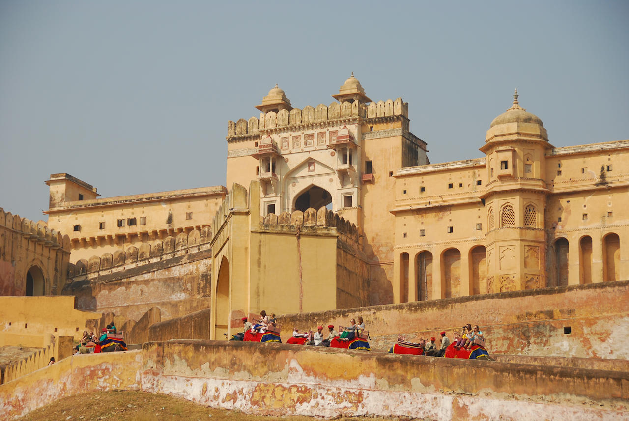 Jaipur 11.11.2014: A series of ramparts leads serpentine style up to the main gate of Amber Fort.