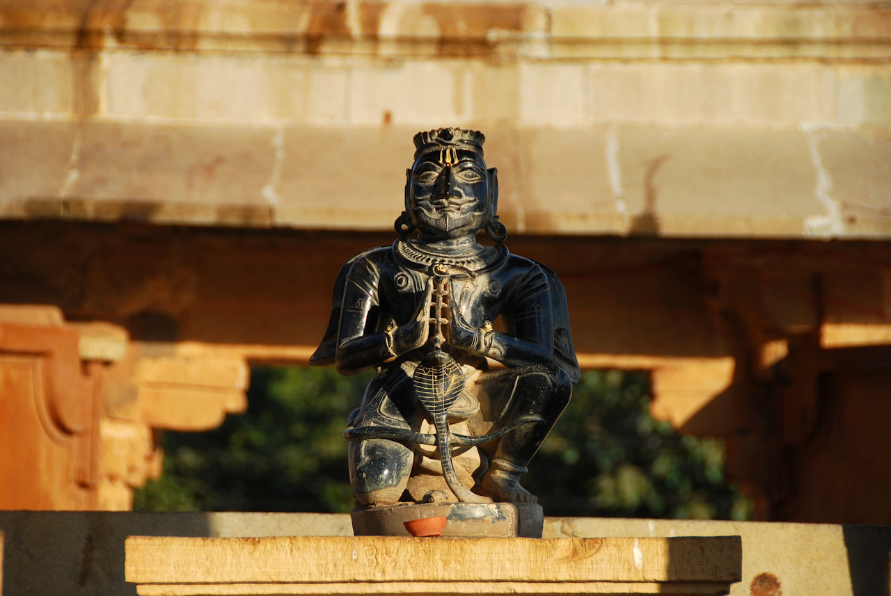 Chittorgarh 21.11.2014: Figure at the entrance to the Meera Temple compound, facing the temple.