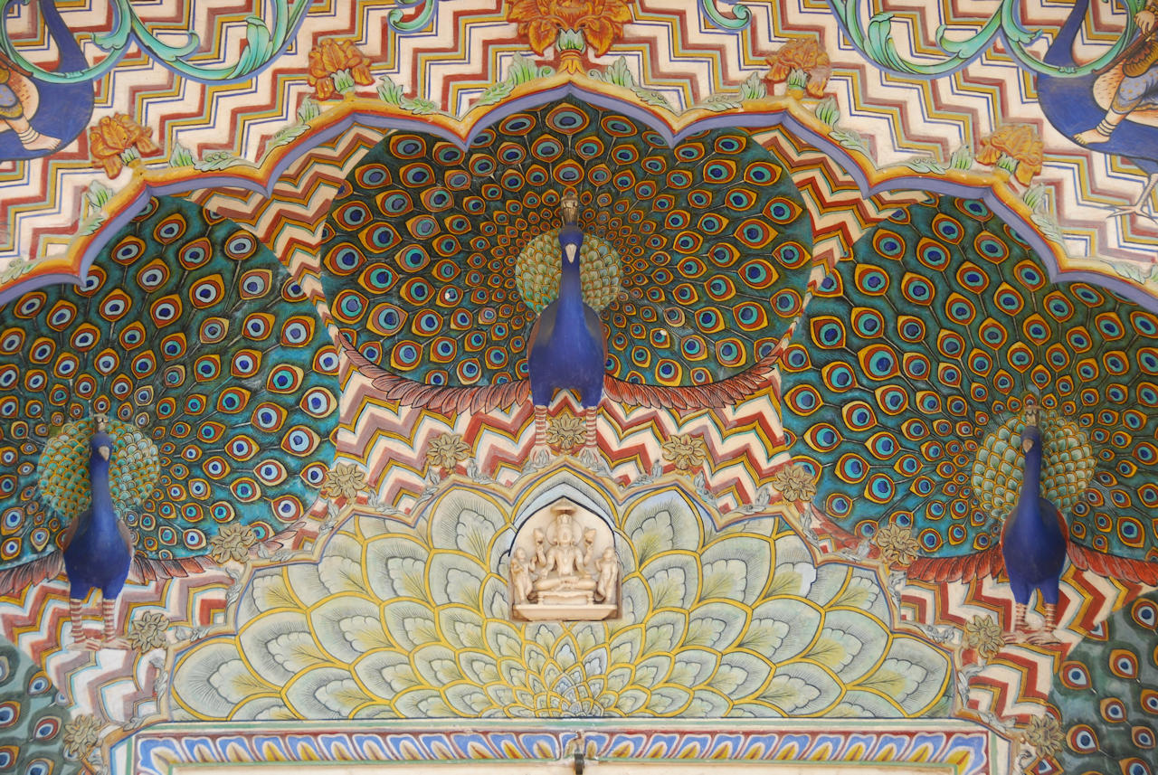 Jaipur 10.11.2014: City Palace, Pitam Niwas Chowk, details of Peacock Gate.