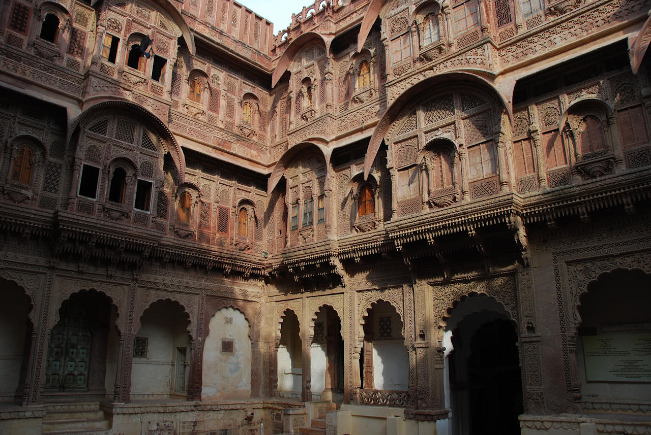 Jodhpur 13.11.2014: Mehrangarh Fort, courtyard of 17th century Moti Mahal (Pearl Palace).