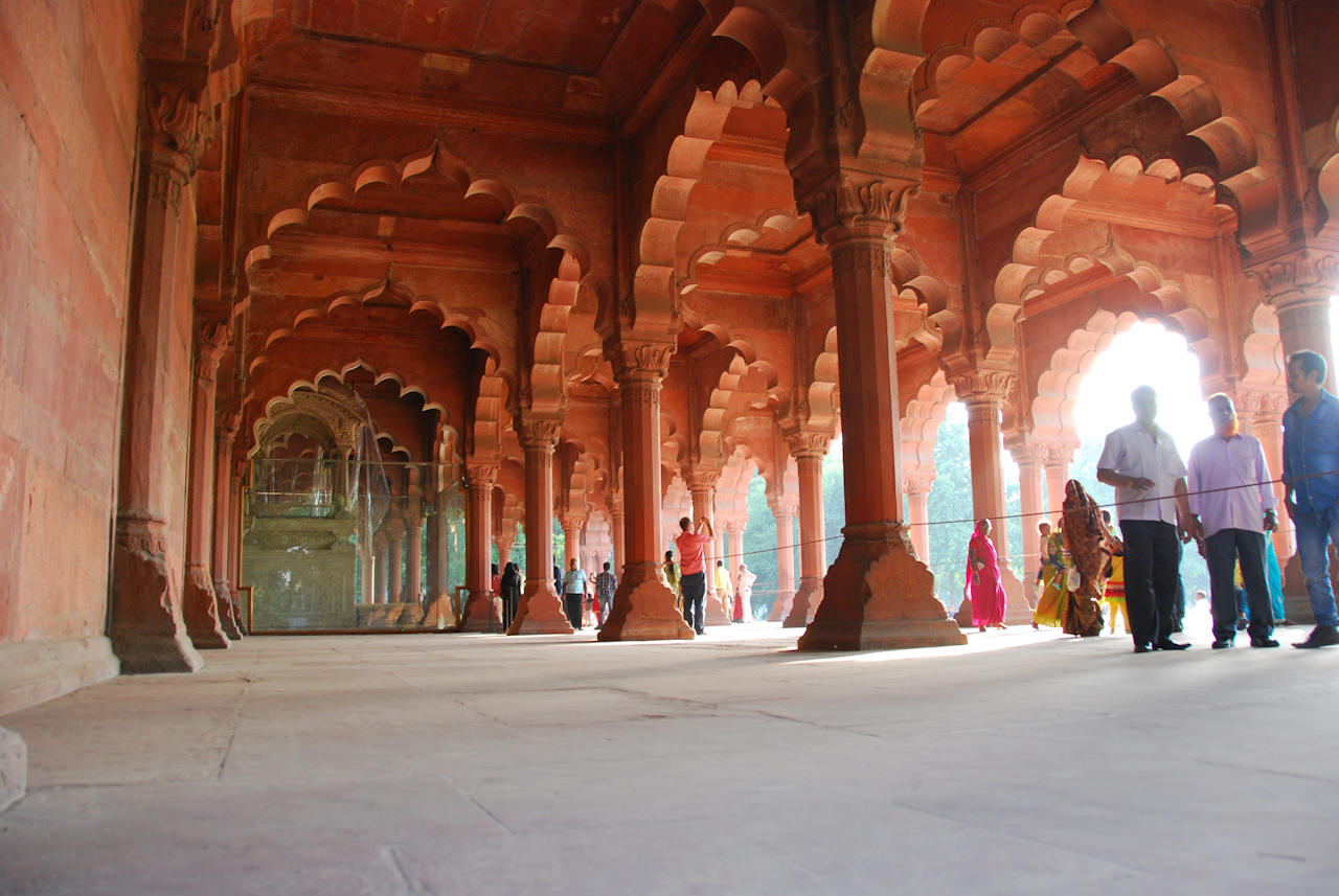 Delhi 06.11.2014: Red Fort, Diwan-i-Am (hall of public audiences). Once the red sandstone was covered in white polished shell plaster.