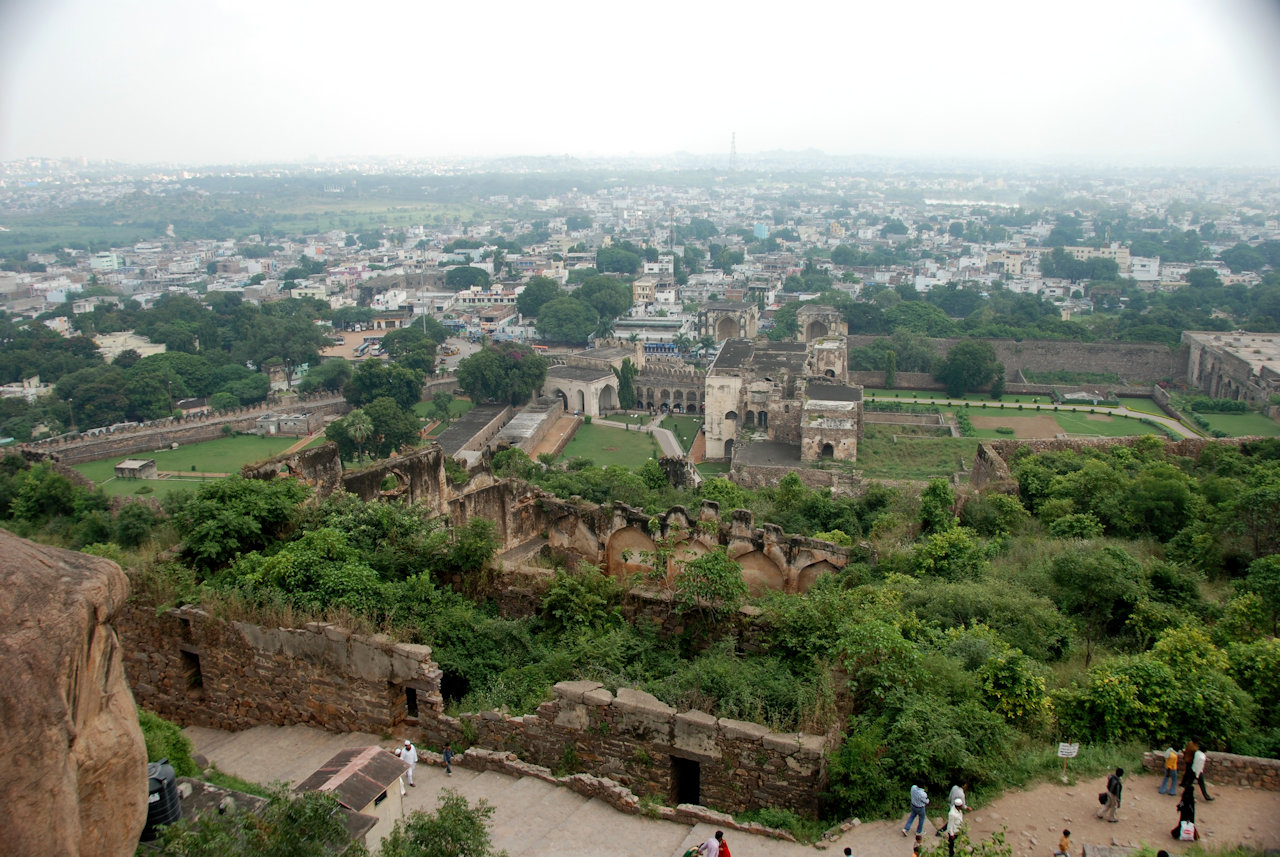 Hyderabad, 05.11.2010: Golconda Fort: Entrance - Grand Portico (middle), Barracks, Arsenal (right) and Mortuary Baths (left)