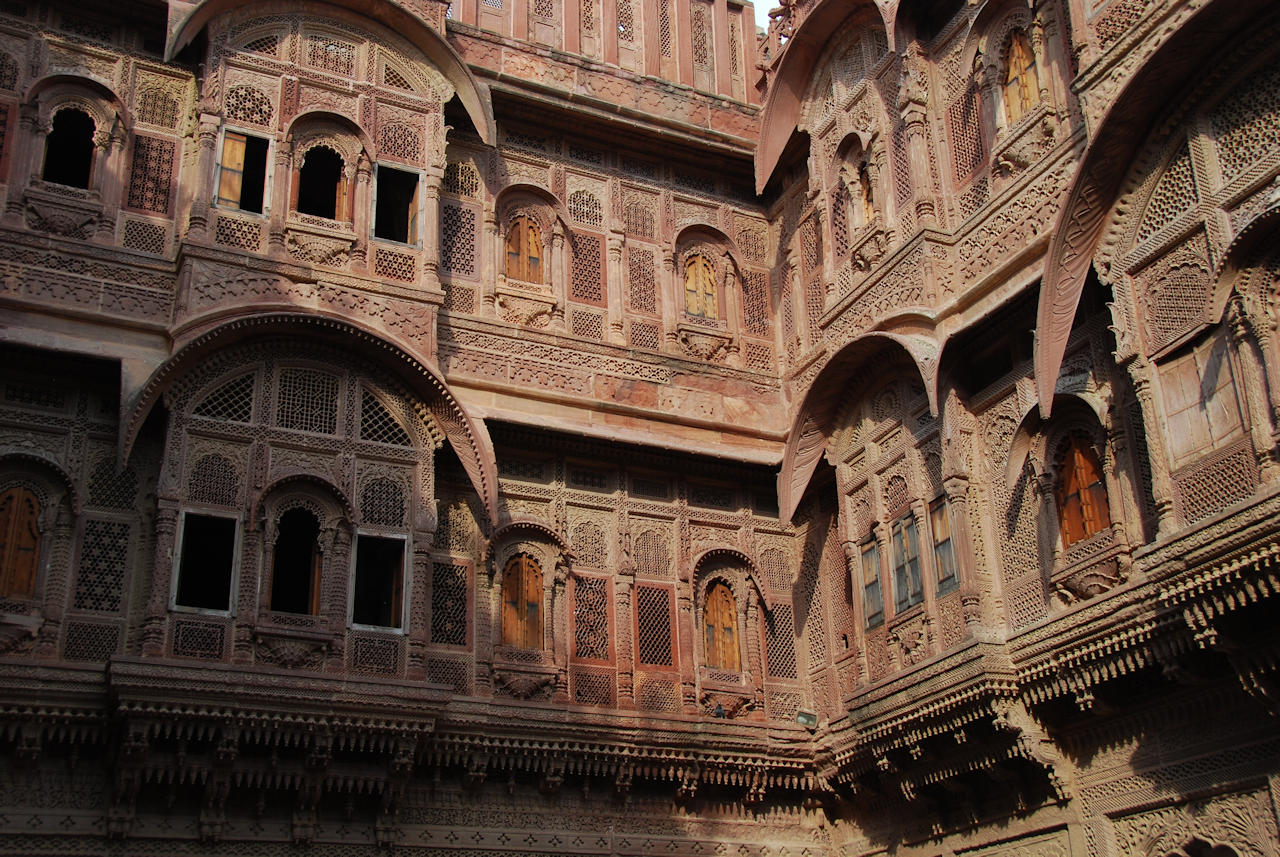 Jodhpur 13.11.2014: Mehrangarh Fort, courtyard of 17th century Moti Mahal (Pearl Palace).