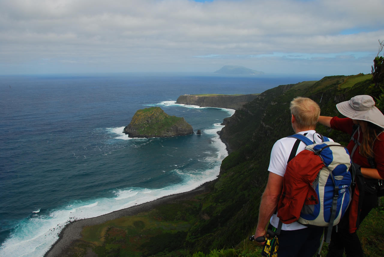 Azores 09.10.2015 - Flores: Lighthouse of Ponta da Albarnaz and the island of Corvo.