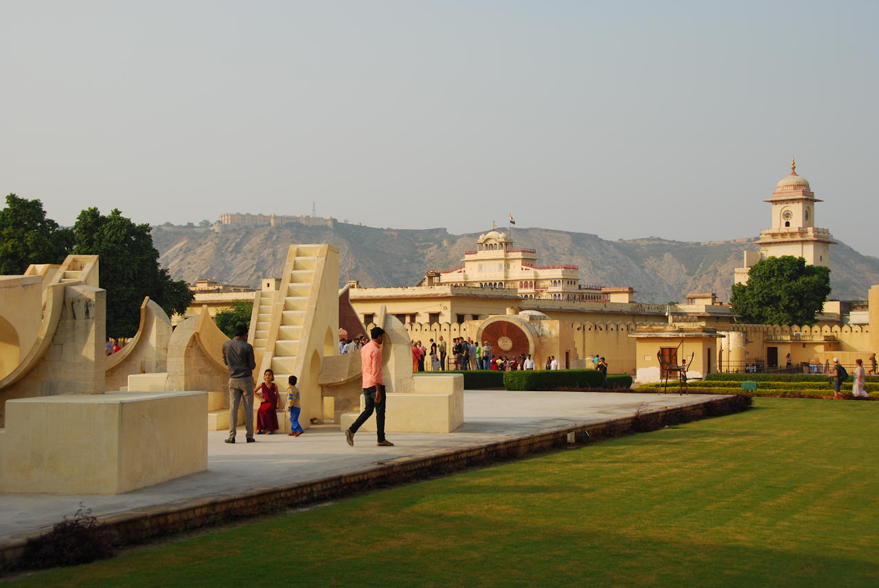 Jaipur 11.11.2014: Jantar Mantar is located just next to the city palace. In the background on the hill is Nahargarh Fort overlooking Jaipur.