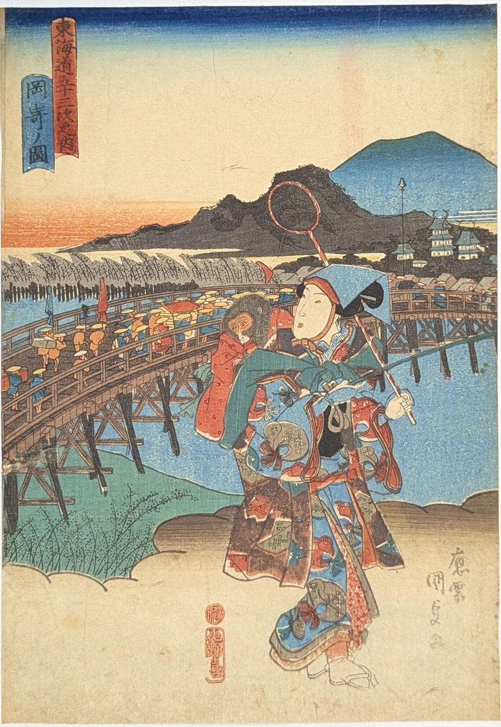 歌川国貞による浮世絵揃物「東海道五十三次之内(美人東海道)」より「岡崎之図」です。