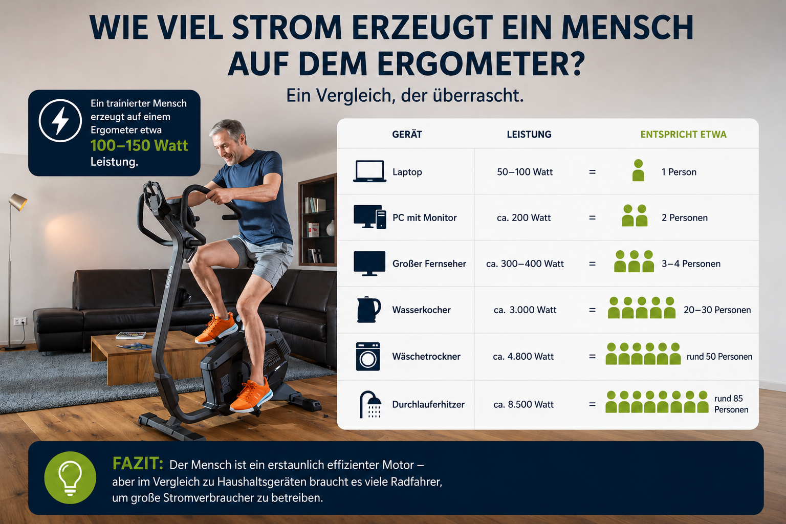 Wie viel Strom erzeugt ein Mensch auf dem Ergometer?