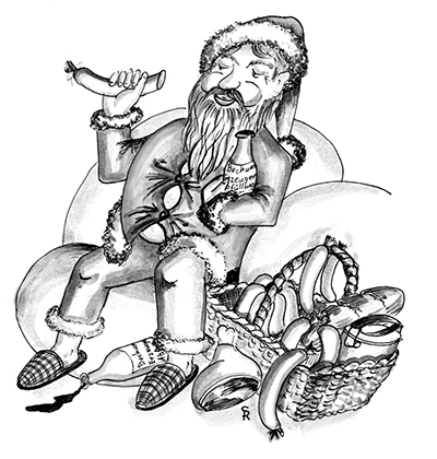 Der heilige Nikolaus sitzt auf einer Wolke und ißt Fleischwurst. Im Arm hält er eine Flasche Schnaps.