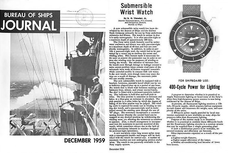 Copie du journal Bureau of Ships de décambre 1959 et faisant prématurément la promotion de la Bulova