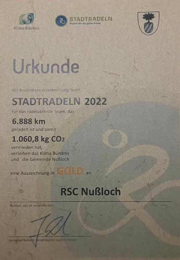 Dezember 2022 - Der RSC hat das Stadtradeln 2022 gewonnen