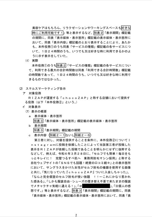 消費者庁　ＲＩＺＡＰ株式会社に対する景品表示法に基づく措置命令について２
