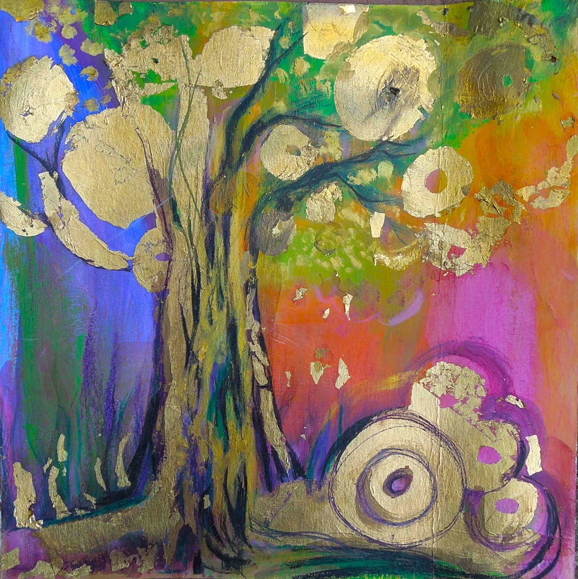 Baum des Lebens | 60 x 60 cm | Mischtechnik mit Blattgold auf Karton | 2018