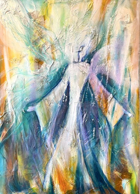 Engel der Andacht | 70 x 100 cm | Mischtechnik mit Rost auf Leinwand | 2024