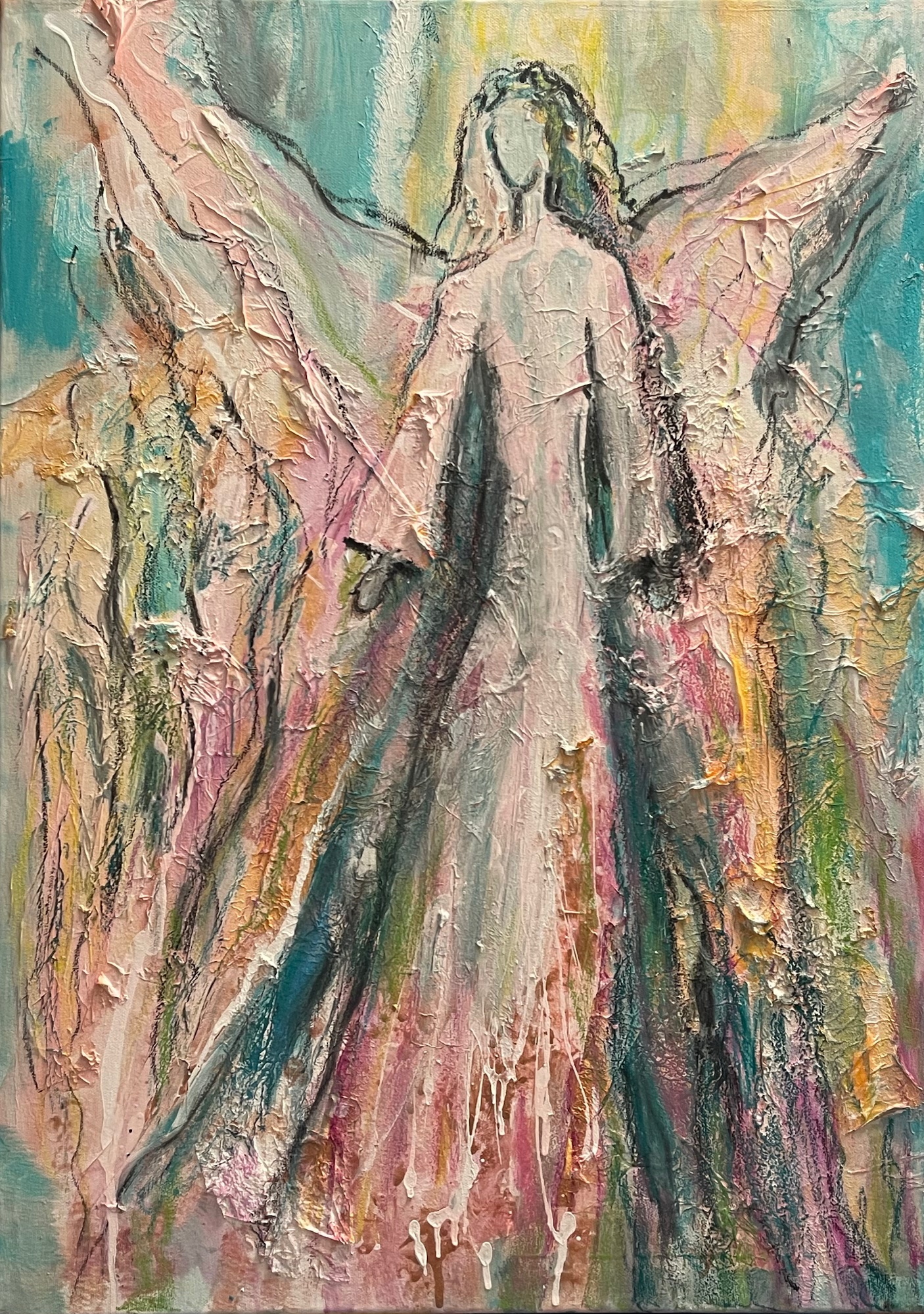 Rosé Türkiser Engel | 50 x 70 cm | Mischtechnik auf Leinwand | 2023