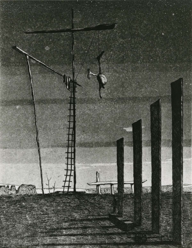 Execution Ground（A）/ etching, aquatint / 24.7×19.0cm / 1954　「刑場（A）」エッチング・アクアチント