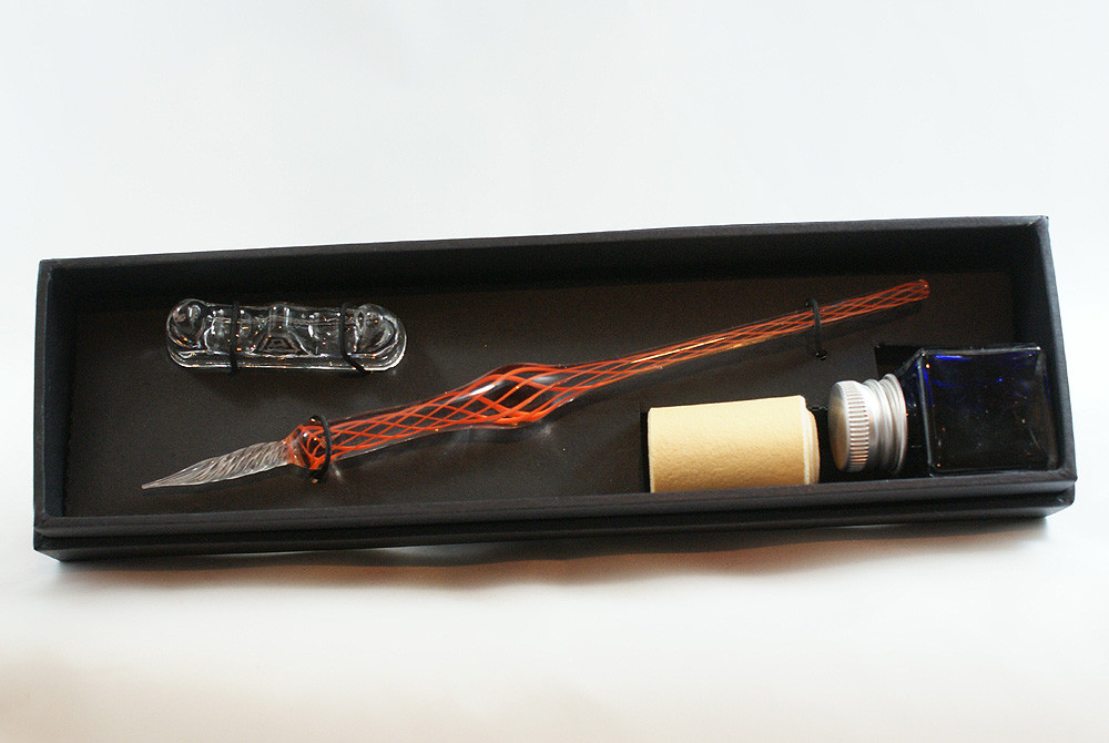 Glasfeder Glasschreiber Glasstift rot mit Tintenfaß original handmade in Germany 