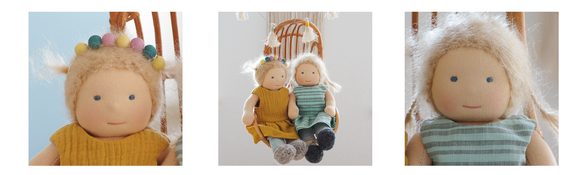 custom handmade dolls made from natural materials sitting in a lounge chair