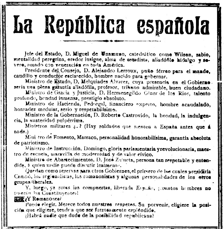 1918, NOVIEMBRE. EL INTENTO DE PROCLAMAR LA REPÚBLICA EN ESPAÑA.