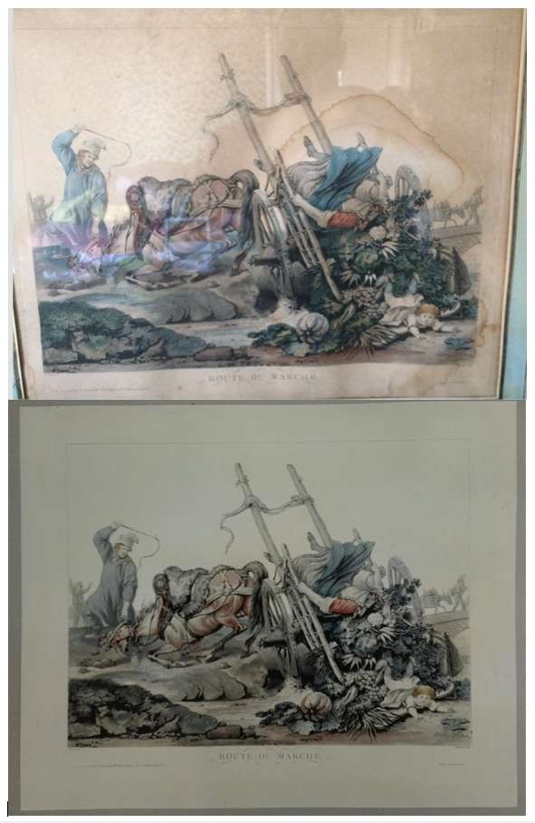 restauration de gravure XIX ème siècle, nettoyage des mouillures et traitement de l'acidité