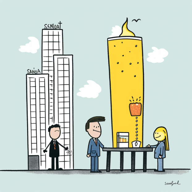 Illustration mit einem großen Unternehmen und einem Startup an einem Tisch – symbolisiert, dass Fivepoints sowohl Startups als auch große Firmen unterstützt.