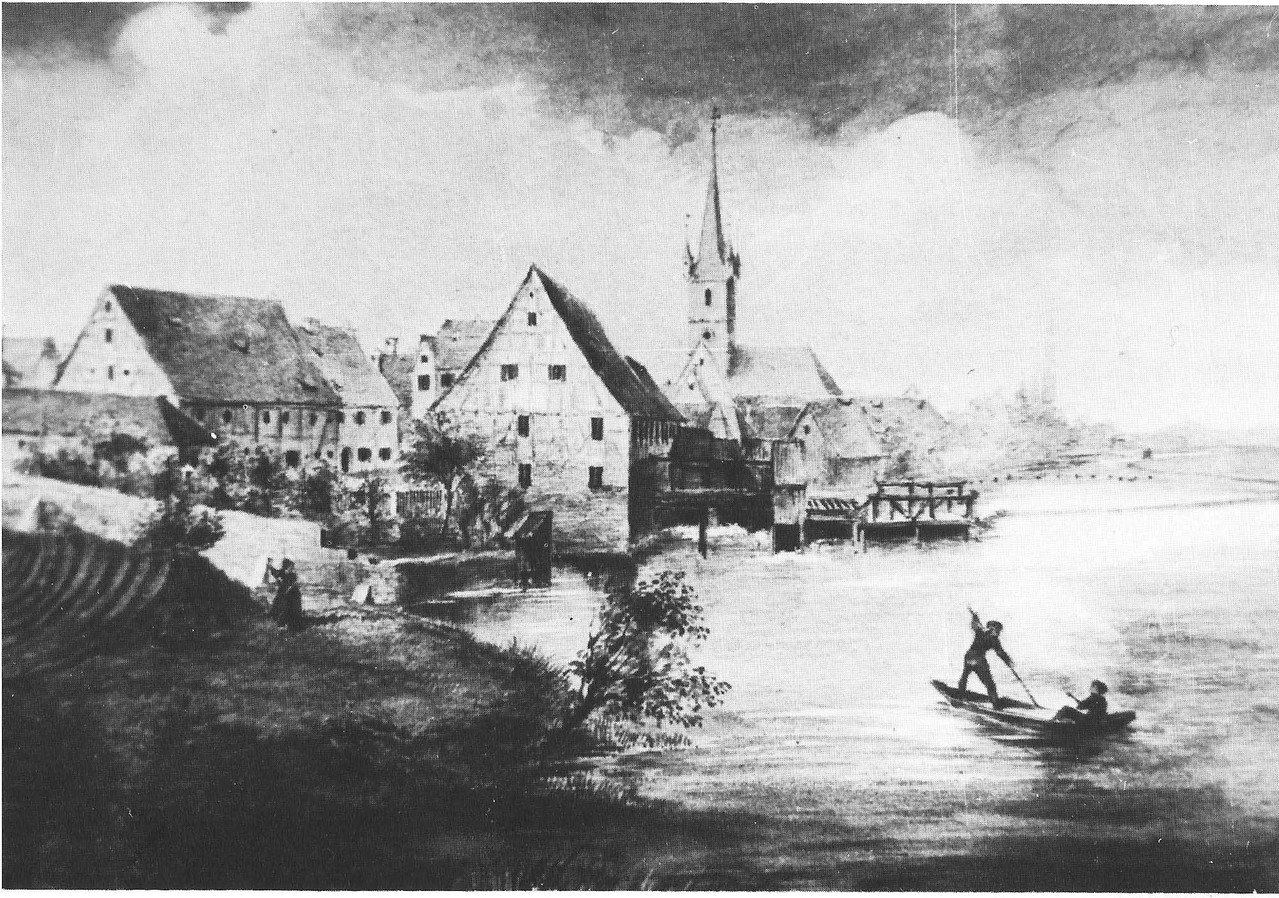 Bruck von Norden. Die 1864 abgebrannte Mühle ist noch zu sehen. So wie die beiden Fischer im Kahn stakten mein Freund Karl und ich oberhalb des Wehrs herum.   